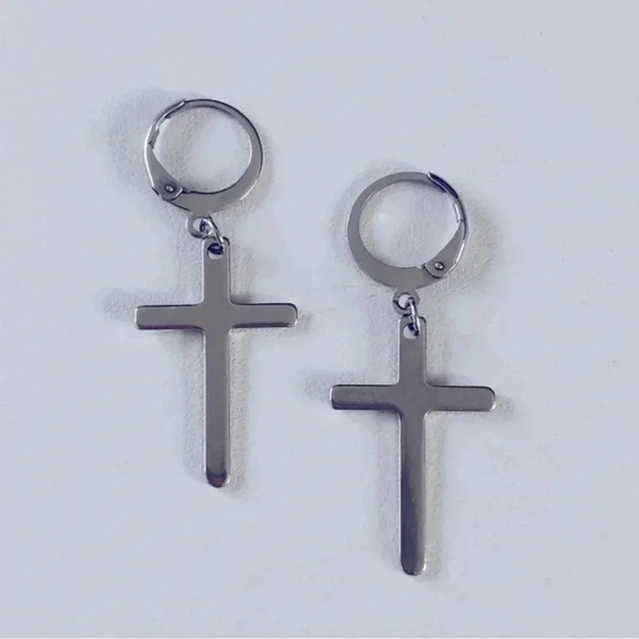 Mama Bling Other - Silver Christian Cross on Hoop Stainless Steel Earrings NWT